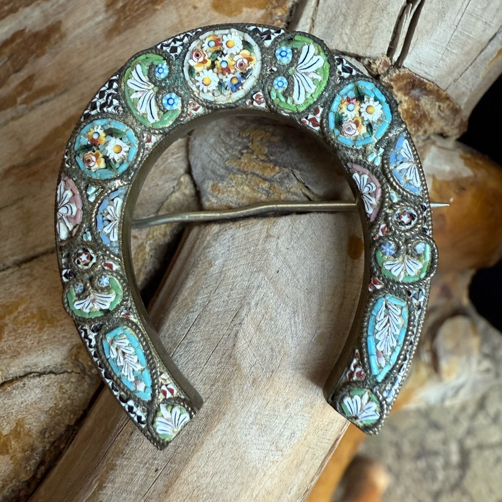Antique Italian Micro Mosaic Brooch Lucky Horseshoe 1920s